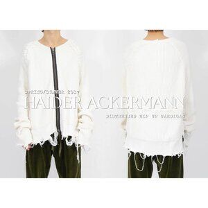 HAIDER ACKERMANN white cotton cashmere blend distressed zip up cardigan